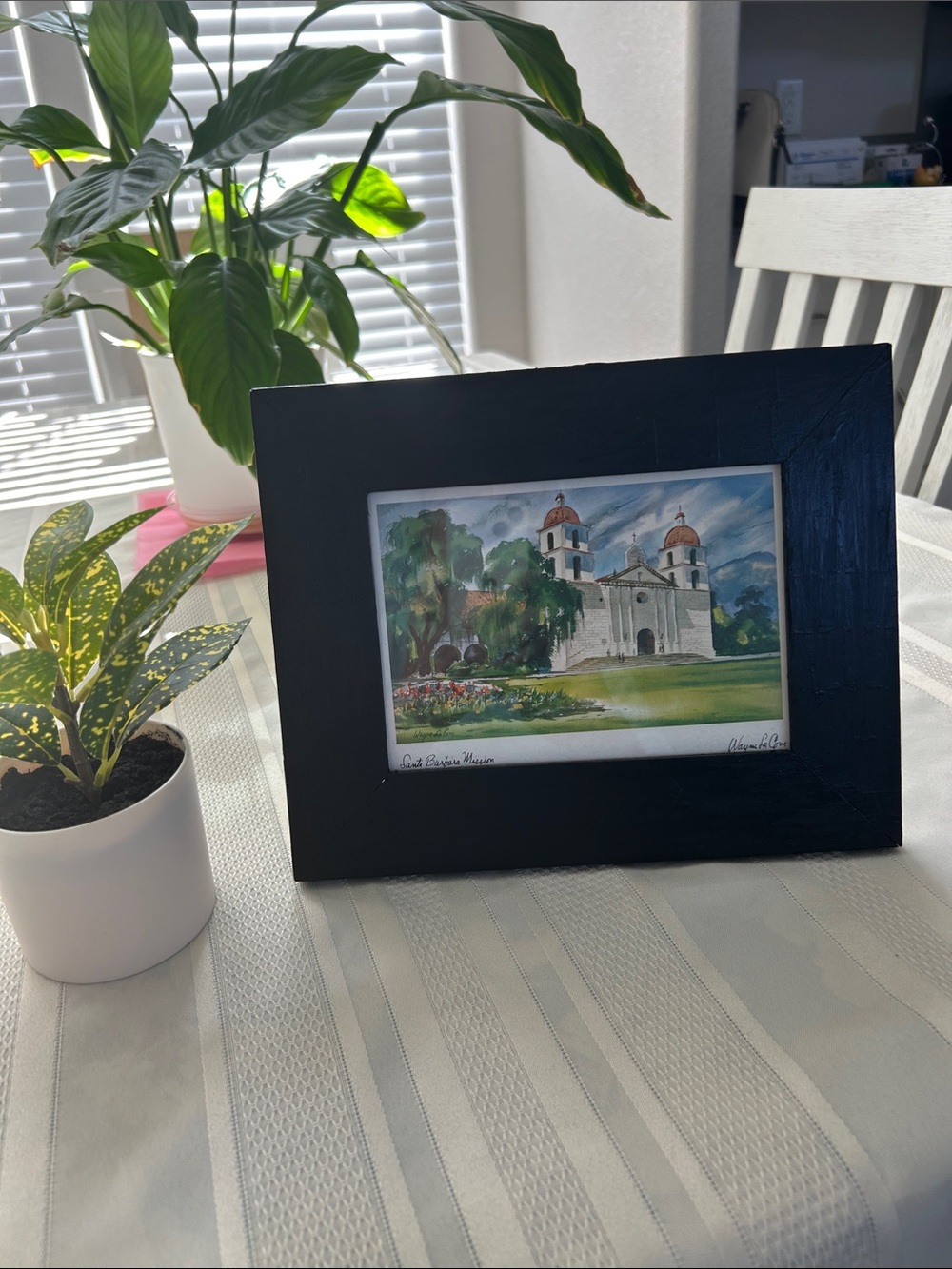 Watercolor Print of Santa Barbara Mission with Black Wood Frame